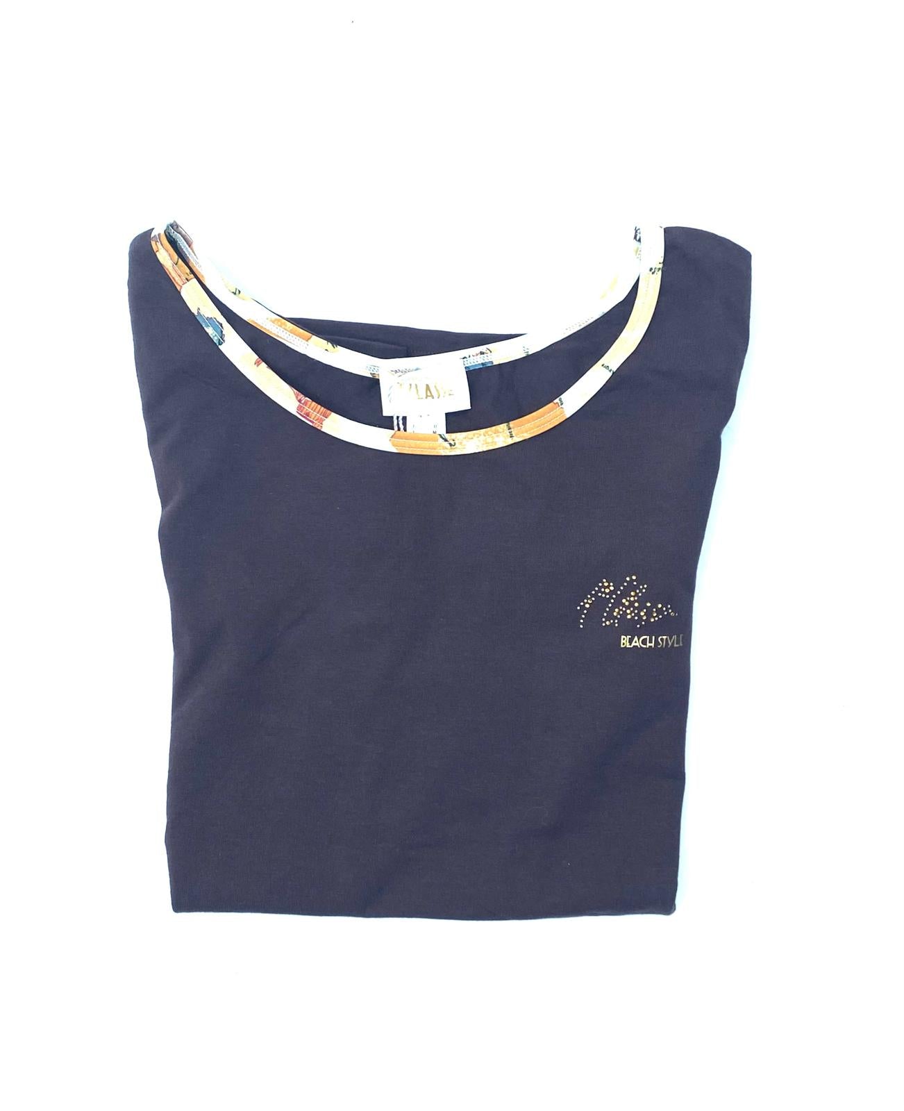 ALVIERO MARTINI 1^ CLASSE T-SHIRT DONNA MARRONE CON BORDI FANTASIA GEO