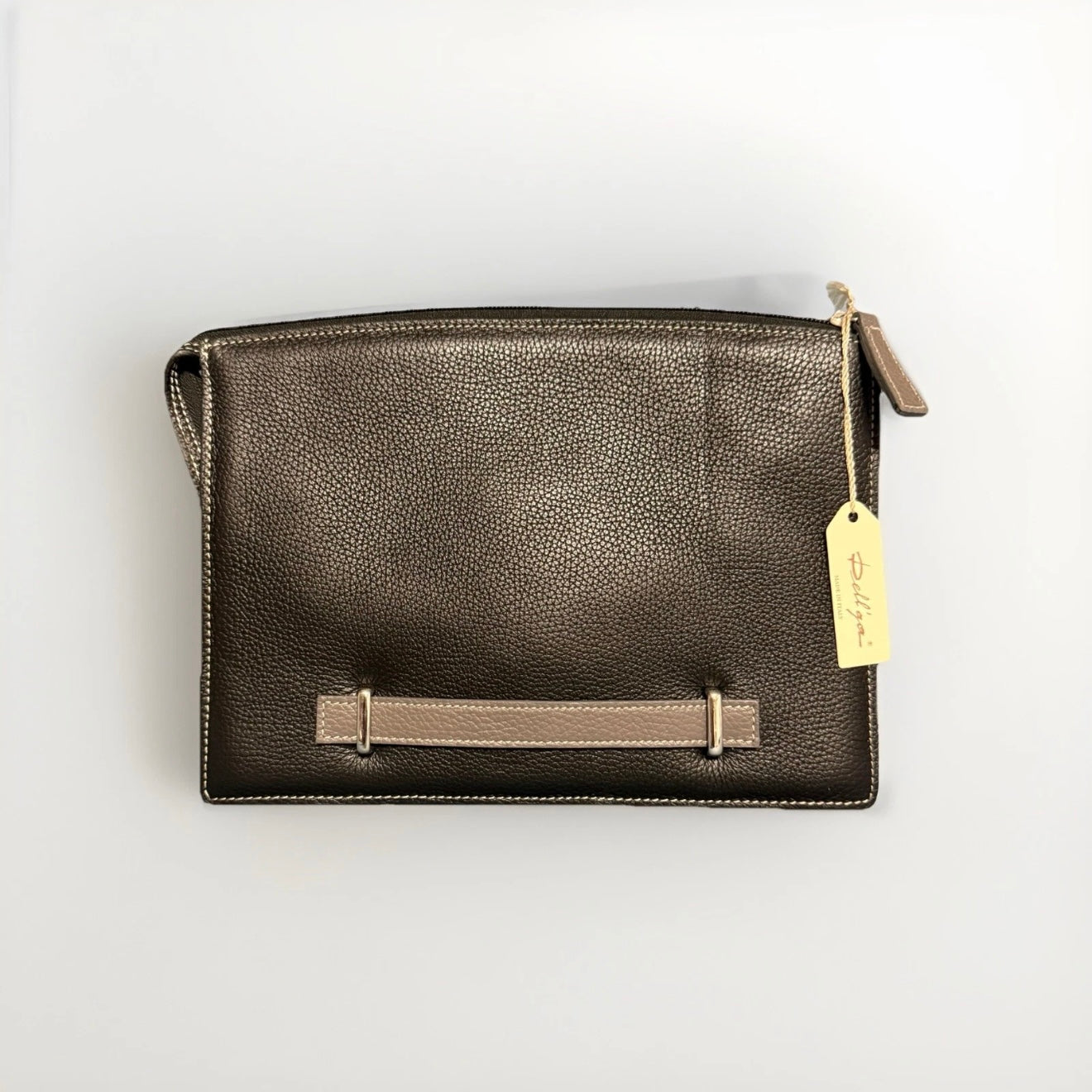 DELL'GA CARTELLA LAVORO ARTIGIANALE PELLE MARRONE TESTA DI MORO MANICO GRIGIO