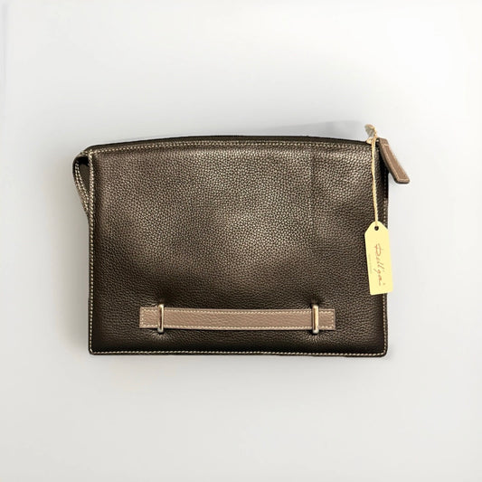 DELL'GA CARTELLA LAVORO ARTIGIANALE PELLE MARRONE TESTA DI MORO MANICO GRIGIO