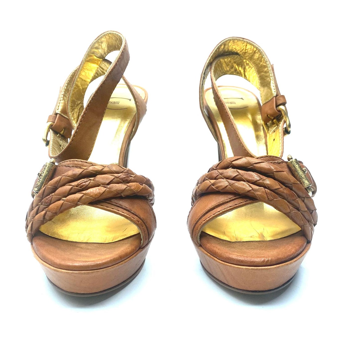 JUST CAVALLI SANDALI TACCO ALTO IN PELLE CUOIO