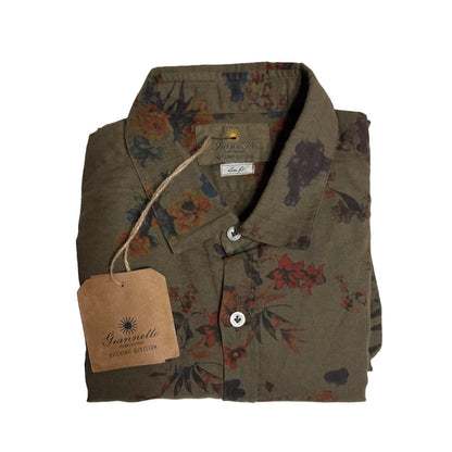 GIANNETTO PORTOFINO CAMICIA UOMO COTONE E LINO VERDE CON FANTASIA FLOREALE