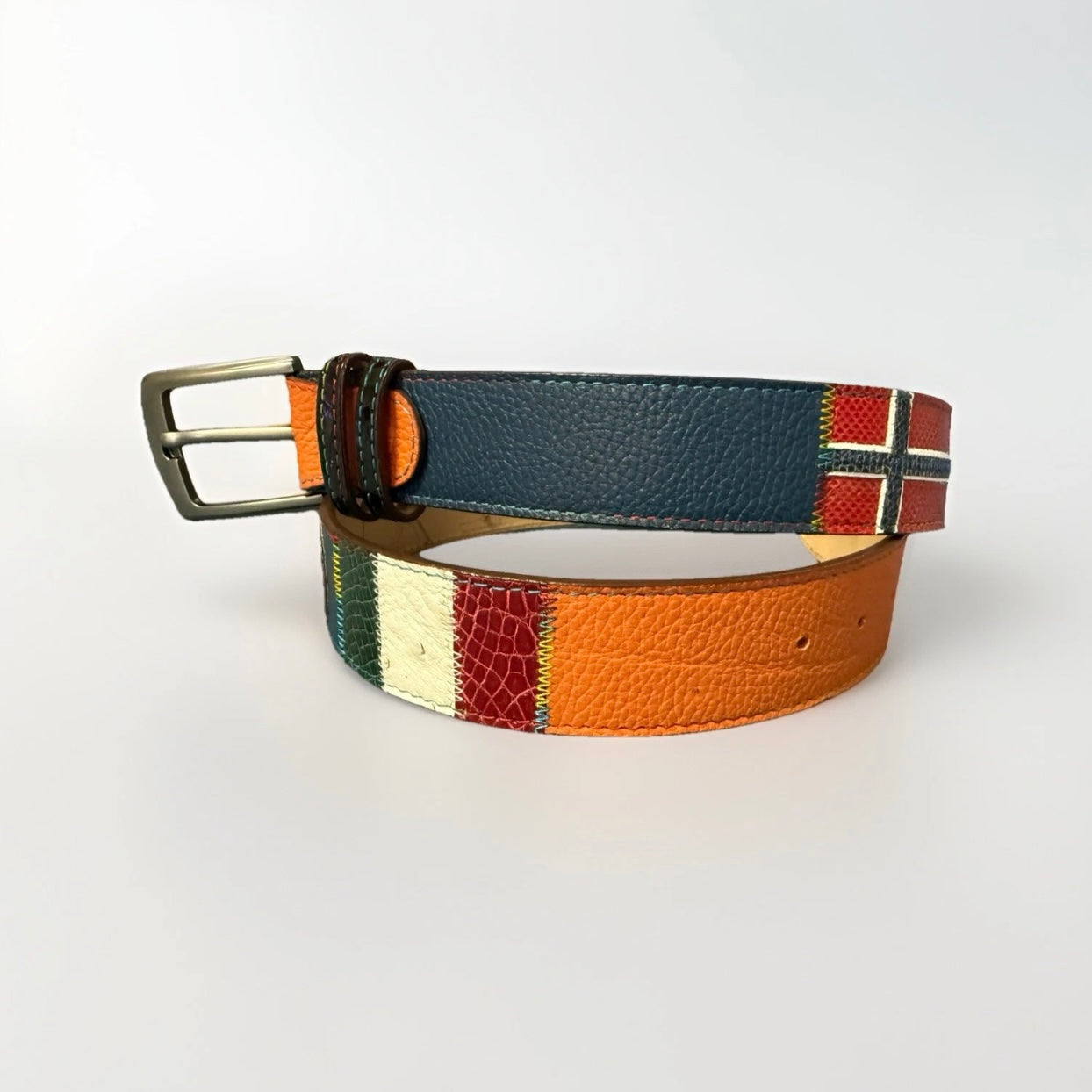 CINTURA PATCHWORK UNISEX BANDIERE DEL MONDO IN PELLE E VERO COCCODRILLO