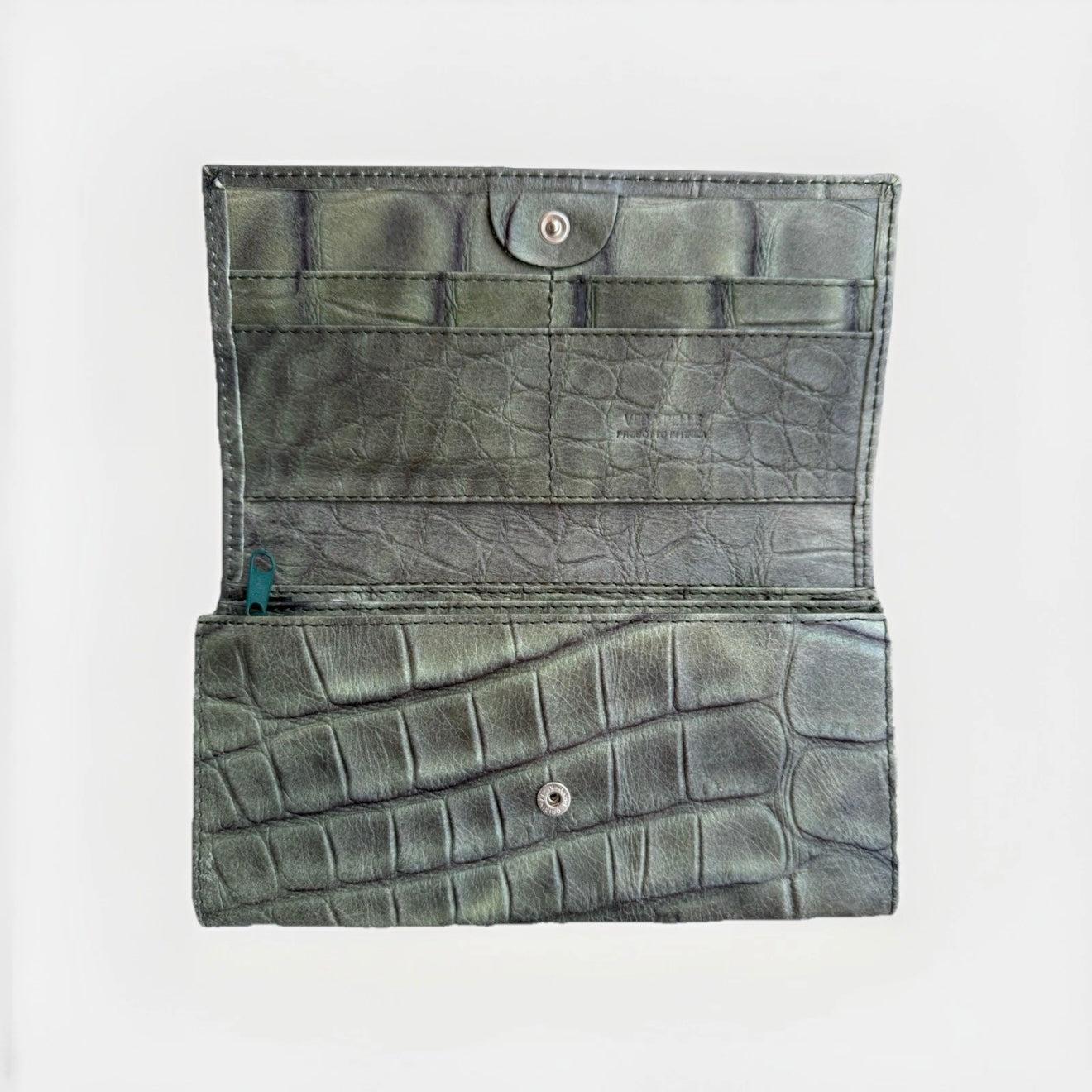 PORTAFOGLIO ARTIGIANALE VERA PRLLE STAMPA COCCO VERDE SALVIA