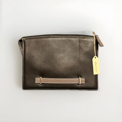 DELL'GA CARTELLA LAVORO ARTIGIANALE PELLE MARRONE TESTA DI MORO MANICO GRIGIO