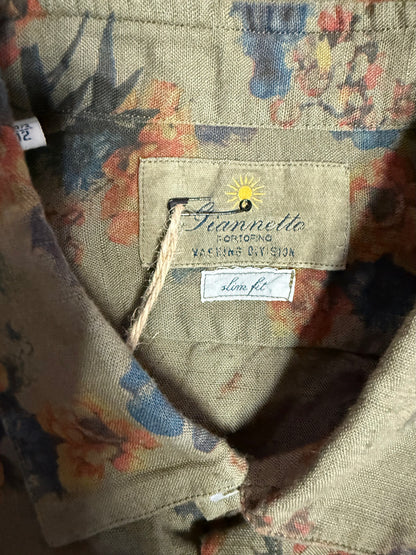 GIANNETTO PORTOFINO CAMICIA UOMO COTONE E LINO VERDE CON FANTASIA FLOREALE