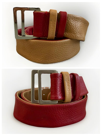 CINTURA ARTIGIANALE VERA PELLE REVERSIBILE MARRONE/ROSSO