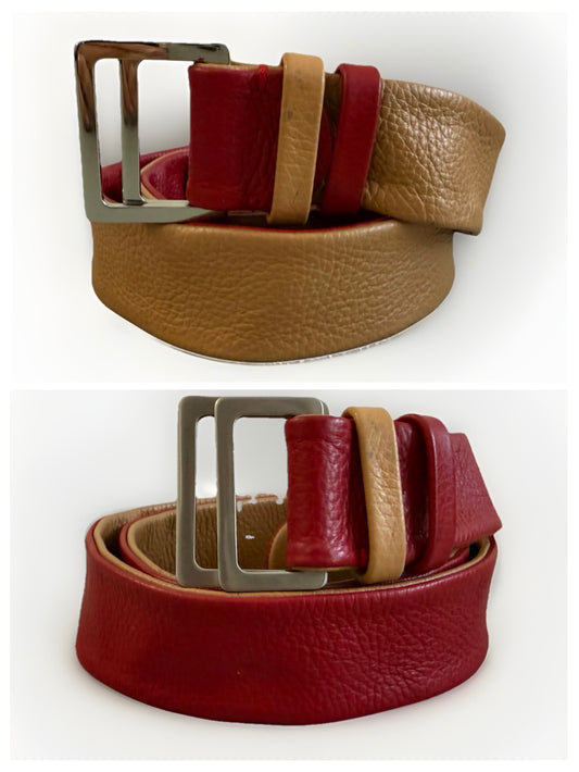 CINTURA ARTIGIANALE VERA PELLE REVERSIBILE MARRONE/ROSSO